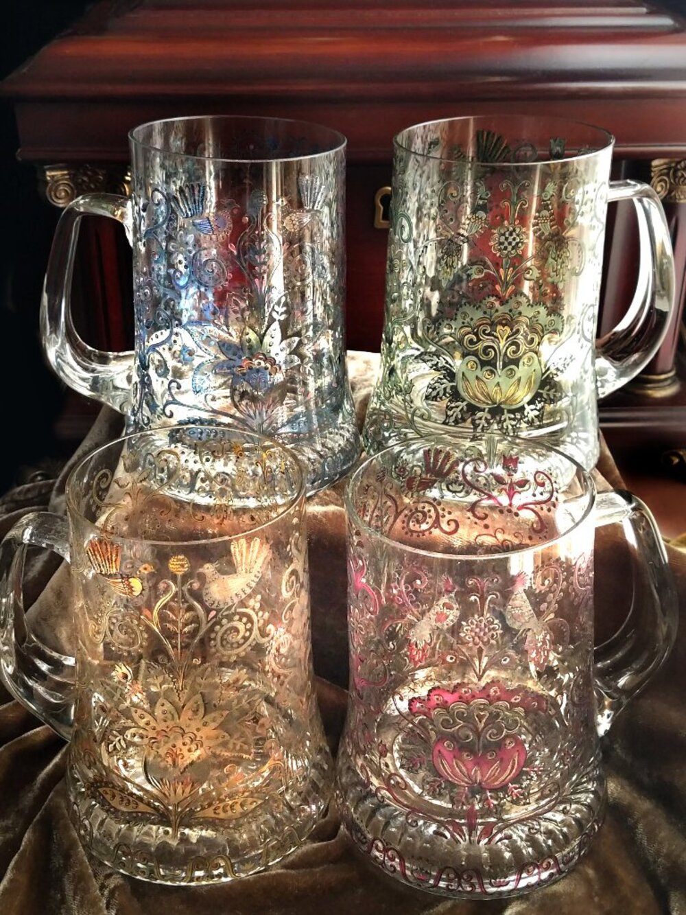 Vintage Nachtmann Bavaria Hand-Enameled Glass Beer Mugs Steins, Set of 4